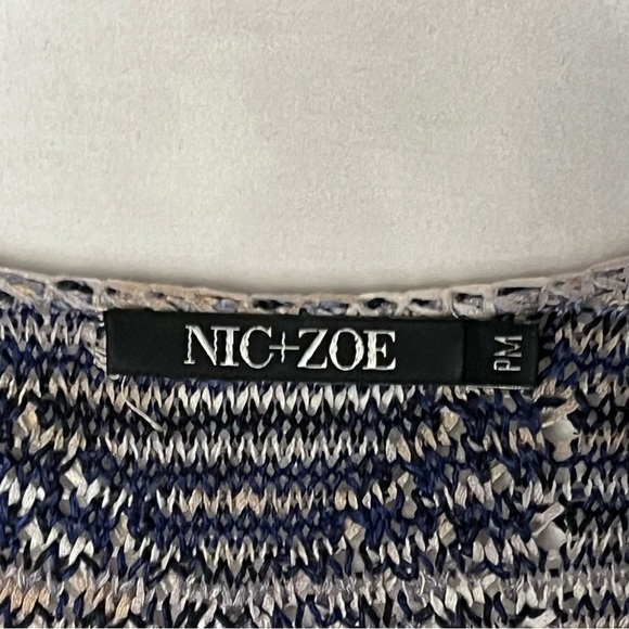 Nic+Zoe | Tan Blue Linen Blend Short Sleeve Sweater, Medium Petite - Picture 5 of 6